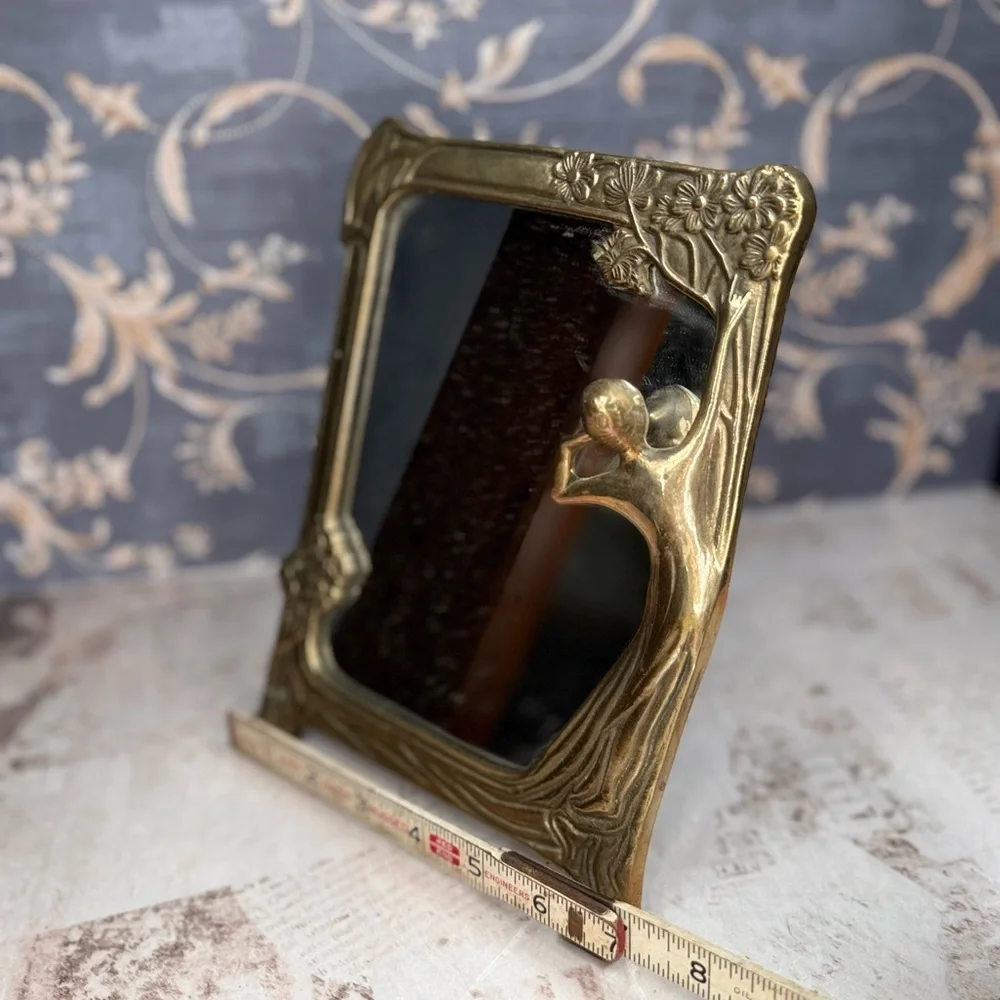 Vintage Art Nouveau Brass Lady of the Lake Vanity Mirror